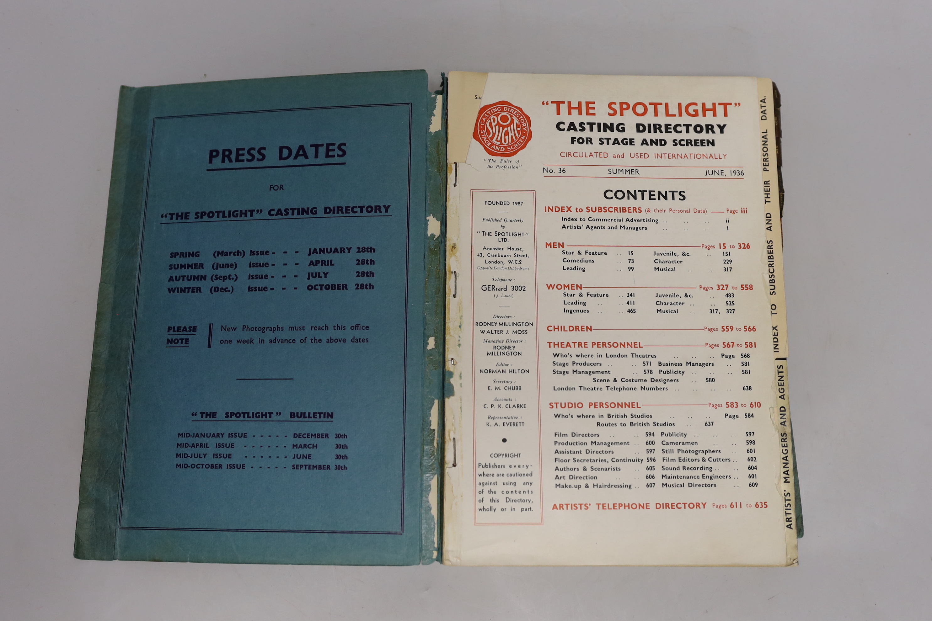 Spotlight Stage and Screen Casting Directory No. 36, Summer 1936 - more than 600 pages of black and white photographs including Vivien Leigh, Merle Oberon, James Mason, John Mills, Max Miller, Flanagan and Allen, publish